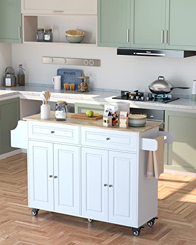 Qsun Kitchen Island On Wheels Kitchen Cart With Rubber Wood Top, Mobile Kitchen Island With Double Storage Cabinet And Drawers, Island Table For Kitchen (White) #TOP5