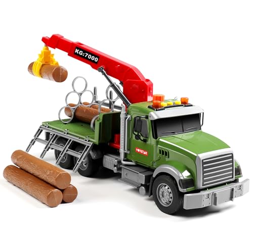 Image of Dwi Dowellin Kids Toys for 3 4 5 6 7 Years Old Boys,15 inch Large Timber Truck with Loading Crane and 6 Trunks,Birthday Gifts for Boy Toddler Child