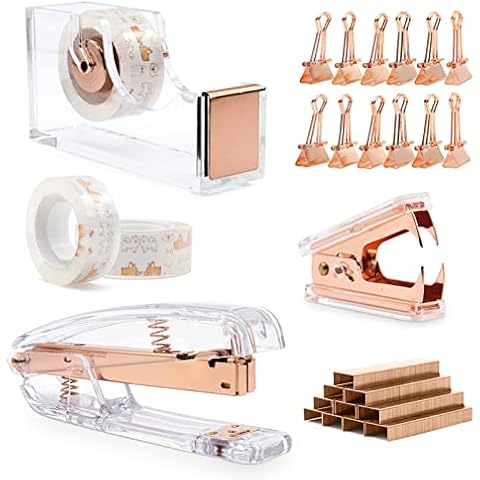 BOMEI PACK Schreibtischhefter Set, Klebebandabroller mit 2 Rollen Transparentes Klebeband, Heftklammerentferner mit 1000 Klammern und 12 Binder Clips, Acryl Rose Gold Bürozubehör Kit Cover