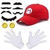 Ceeyoll Deguisement Mario,Casquette Mario,Halloween Costume Accessoires de Cosplay Carnaval,Costume Mario enfant Comprend un Chapeau Mario Rouge, Sept Moustaches, Deux Boutons Et Une Paire de Gants.