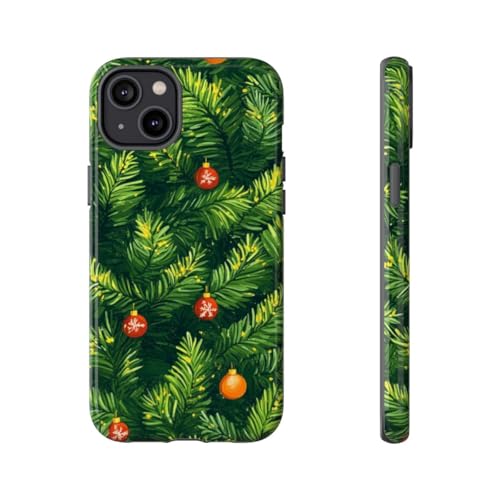 Coque iPhone 14 Plus rigide verte motif branches de pin de Noël avec ornements brillants
