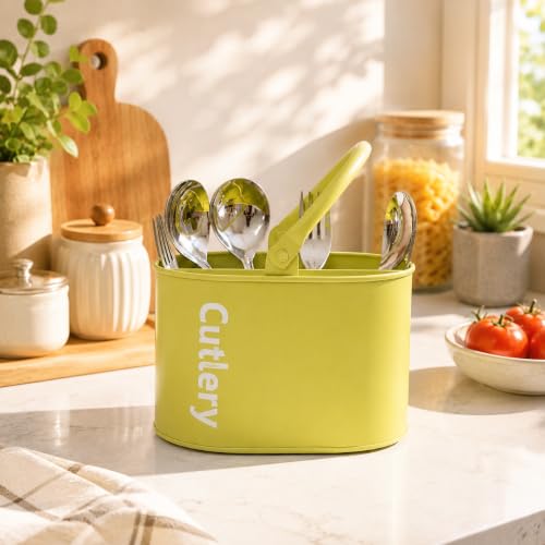 Image of MARKET 99 Galvanised Iron Mint Green Oval Cutlery Holder with Matte Finish | Knife and Fork Holder for Kitchen | Cutlery Stand | Dining Utensil Rack for Dining Table