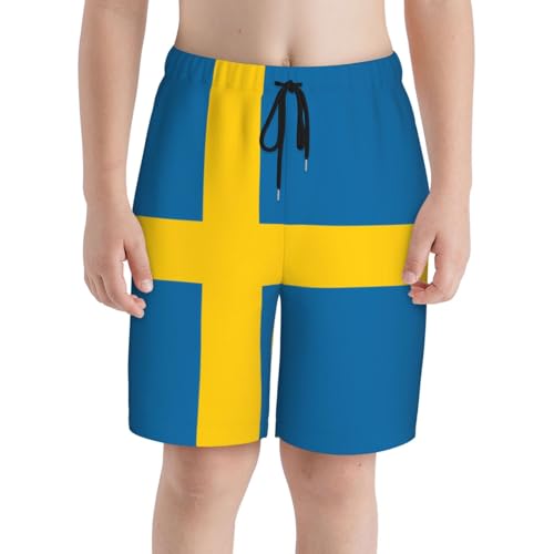Swedish Flag Youth Beach Pants, Soft and Breathable, with Drawstring Waist, Suitable for Sports and Leisure.3