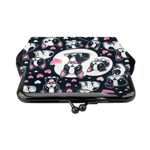 Pu Leather Buckle Coin Purse Puppy-Boston-Terrier-Love Girls Kiss-Lock Change Purse Wallets2