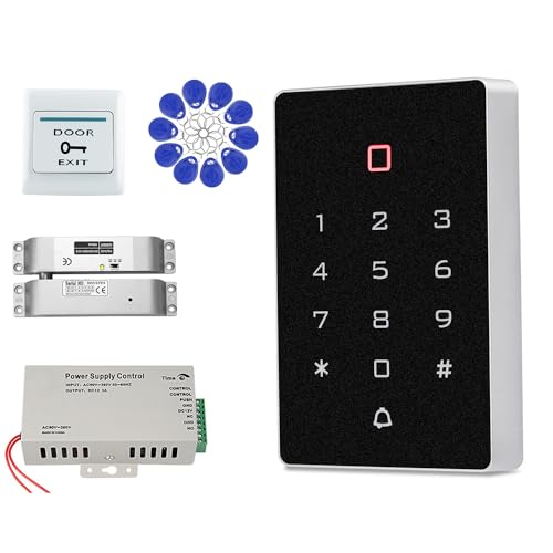 AccessShield Tastiera di controllo accessi sicura per casa e serratura elettrica, alimentazione a 12 V, pulsante di apertura porta con 10 portachiavi ID, 125 kHz