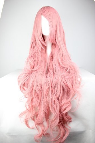 Perruque longue pour cosplay - Rose - Cheveux longs bouclés - Pour carnaval ou Halloween Cover