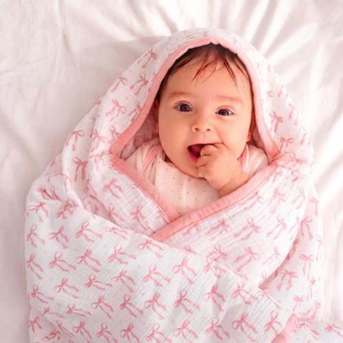 Image of Muslin Baby Blanket for Girls Pink Bow Cotton Toddler Blanket