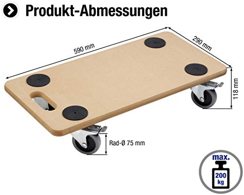 Metafranc Transportroller 590 x 290 mm - 200 kg Tragkraft - MDF-Platte - TPE-Räder / Möbelroller mit Bremse / Transporthilfe für Umzug / Rollwagen für Möbel-Transport / Kistenroller aus Holz / 821390 Natur