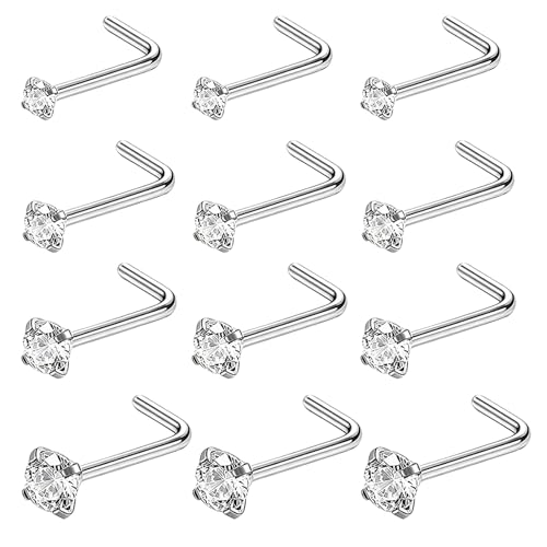 12 Pièces Piercing Nez Acier Inoxydable Forme L, Lot de Bijoux de Corps avec Diamants de Tailles 1.5/2.0/2.5/3.0mm et Tige 7x0.8mm, Percing au Nez avec Pochette Velours...