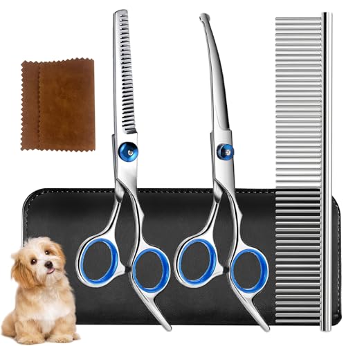 Soodyoow Kit de Toilettage Chien Professionnel 5 en 1, Ciseaux de Toilettage pour Chiens avec Pointe de Sécurité, Ciseaux Courbe, Lisse et Démêlant pour...