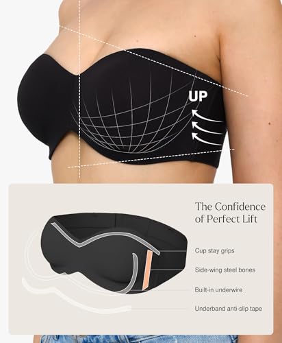 Image of Popilush Strapless Push Up Minimizer Bras for Women Bandeau Support Unlined Bra No Padding Underwire Everyday Bras Tube Top
