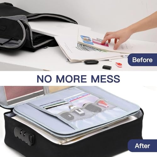 Image of Multipurpose Document Organizer Bag with Lock | A4 File Storage Bag with Multiple Pockets for Passport, USB, Cards | Waterproof & Fireproof Travel Folder | Black
