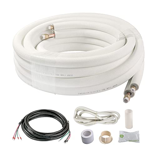 ICOOL 25 Ft. Mini Split Line Set 1/4" 1/2" O.D. & 3/8 PE Thickened Insulated Coil Copper Pipes for Air Conditioner HVAC Refrigeration and Heating Equipment, with Fittings