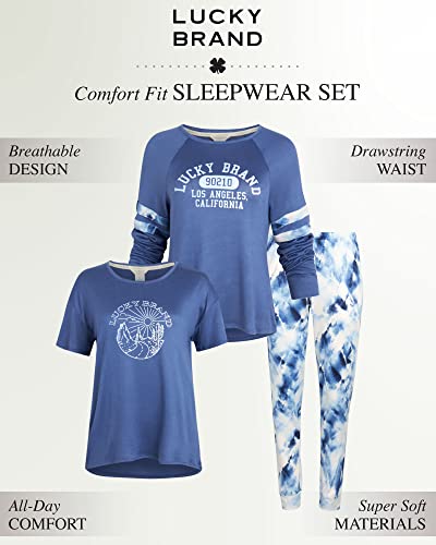 Lucky Brand Women's Pajamas - 3 Piece Hacci Sleepwear Tank Top, T-Shirt, And Joggers (Size: S-Xl), Size Small, Moonlight With California Dream Tie Dye #TOP1