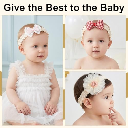 Image of SNOWIE SOFT 3-Piece Baby Girl Lace Headband Set with Tulle Flower, Pink Satin Bow & Red Gingham Bow Soft Stretch Elastic Hair Accessories for Newborns & Toddlers, Photo Props, Parties & Everyday