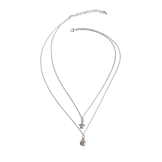 Colar Gargantilha Boho Chic Tartaruga e Concha, Liga Metálica Prateada, 45-50cm