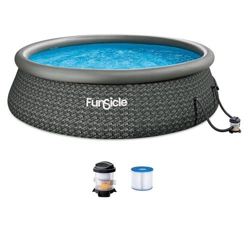 Funsicle Quickset Designer 12 x 36 Round Above Ground Swimming Pool with FiltraBoost 800 GPH Filter Pump Type D Filter Cartridge & Repair Patch Dark Herringbone Print