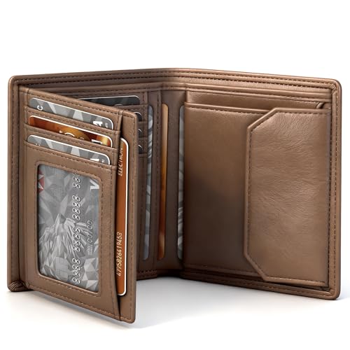TEEHON Carteras para Hombre de Cuero, Tarjetero Hombre con Bloqueo RFID con 12 Tarjeteros, 1 Ventana para ID y Foto, Bolsillo para Monedas, Compartimentos para Billetes, con Caja de Regalo - Marrón