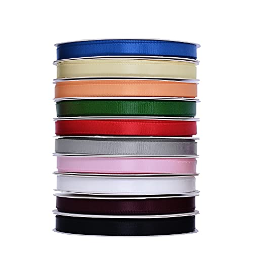 Yama Solid Color Double Face Satin Ribbon Assortment – 1/4" 5 Yards/Rolls 10 Colors Total 50 Yds For Gift Wrapping Crafts Sewing Bow Making #TOP2