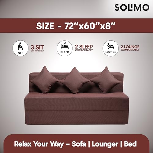 Image of Amazon Brand - Solimo 3 Seater 5 * 6 Jute Fabric Washable Cover Sofa Cum Bed with 3 Cushions 3 Seater Double Foam Fold Out Sofa Cum Bed (Finish Color - Brown Delivery Condition - Pre-Assembled)