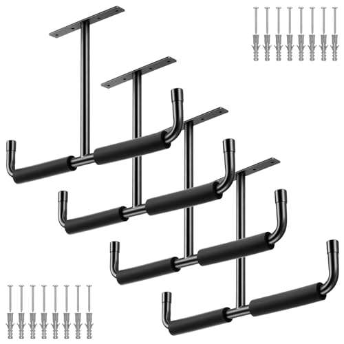 kenaeooe 4 Pack Overhead Garage Storage Hooks Heavy Duty Ceiling Mount Hangers Double T-Bar Steel Ladder Rack Space Saving Utility Hooks for Bike, Lumber, Pipe, Fishing Rod, Sports Equipment, Black