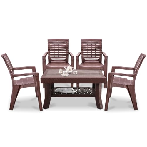 Image of MAHARAJA Heavy-Duty Plastic Chairs & Table | Set of Chairs with Elegant Table | Premium Design, Ideal for All Seasons (Brown, 4 Chair+1 Table)
