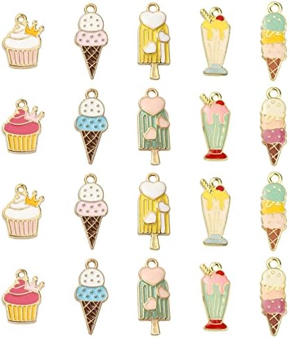 UR URLIFEHALL 50 Pcs Food Theme Metal Enamel Charms Pendants Light Gold Plated Ice Cream Cup Cake Bubble Dangle Charm for Jewelry Making