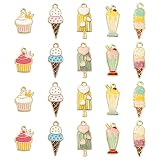 UR URLIFEHALL 50 Pcs Food Theme Metal Enamel Charms Pendants Light Gold Plated Ice Cream Cup Cake Bu