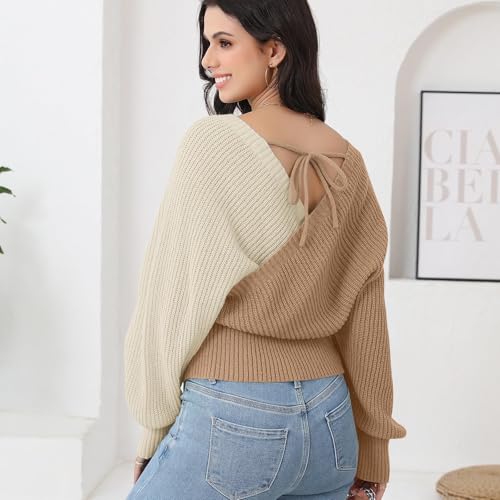 Image of Women's Wrap V Neck Knit Sweaters Batwing Long Sleeve Cross Front Drop Shoulder Fall Pullover Tops