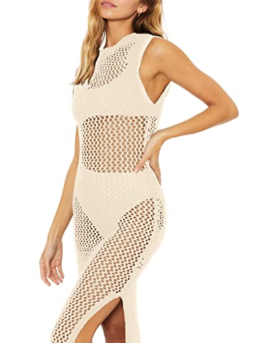 Ebifin Womens Sexy Cover Ups Crochet Dress Sleeveless Crew Neck Hollow Out Beach Cover Up Side Slit Knit Midi Dresses2