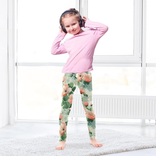 Elegant Flower Green Leaf Girls Leggings Ultra Soft Compression Yoga Gym Pants for Kids 4-10T4