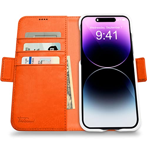 dreem Fibonacci wallet case compatible with iPhone 14 Pro Max / 2-in-1 shockproof case and detachable vegan leather folio, MagSafe compatible, RFID protection [Orange]