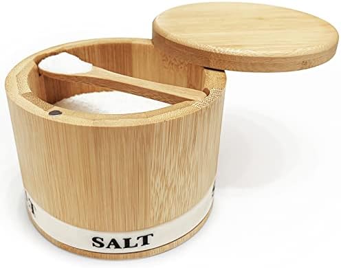 ThougrLyh Salt Box Bamboo Salt Container with Swivel Lid with Magnetic to Easily Open and Seal Salt Cellar With Spoon for Storing Salt Pepper Sugar Herbs Small Spice Box