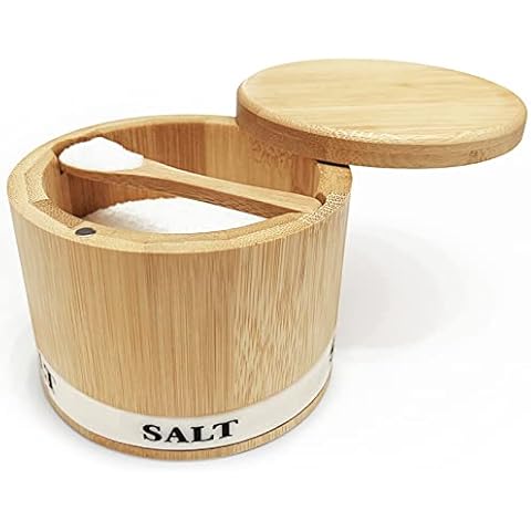 ThougrLyh Salt Box Bamboo Salt Container with Swivel Lid with Magnetic to Easily Open and Seal Salt Cellar With Spoon for Storing Salt Pepper Sugar Herbs Small Spice Box Cover