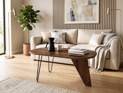 Image of REDWOOD Modern Coffee Table | Engineered Wood Top with Geometric Support & Sleek Metal Hairpin Legs | Modern Center Table for Living Room, Lounge & Apartment Furniture | Columbian Walnut & Black