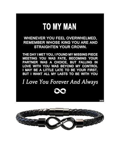 ziella To My Man Personalized Dual Name Infinity Leather Bracelet Personalized Custom Name Stainless Steel Bracelet Valentine Birthday Gifts for Him (L (Large) 9-inch)