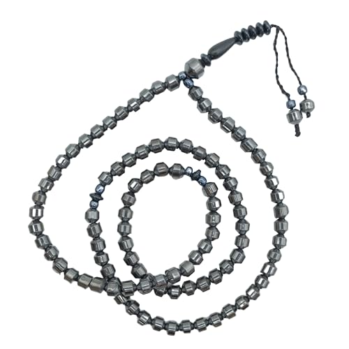 6mm Hematite Barrel 99-Bead Tasbih Bracelet with Divider and Tassel for Meditation and Prayer