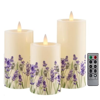 Image of Lilac Flower Flameless Pillar Candles, Set of 3 Real Wax LED Candles with Remote Timer, 3D Moving Flame, Battery Operated (2AA) Up to 400 Hours, Spring Decor