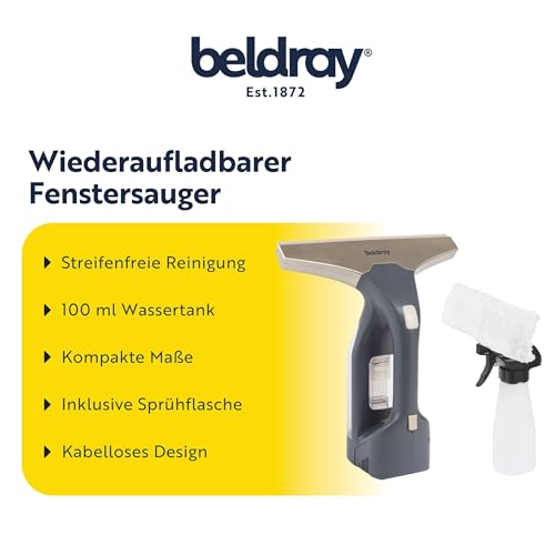 Beldray Akku-Fenstersauger+ – Handheld & wiederaufladbar, streifenfreie Reinigung, Spiegel- und Glasreinigung, 100 ml Abnehmbarer Wassertank, inklusive Sprühflasche und Wischpad, Titan, BEL01985VDE