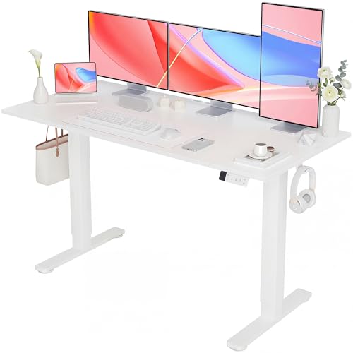Image of YDN Electric Standing Desk Adjustable Height, 63 x 24 Inches Sit Stand up Desk with Memory Presets & Cable Management, Home Office Desk for Office & Computer Workstation, White Frame /White Top