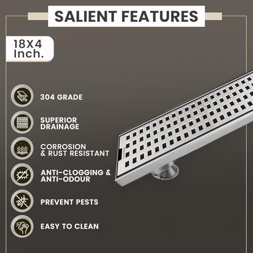 Image of EVANEX Linear Shower Drain Channel | 18x4 Inches Bathroom Drainer | Waste Water Linear Floor Drain Channel | 304 Stainless Steel Bathroom Drainer with Anti Cockroach Trap | Bathroom Jali