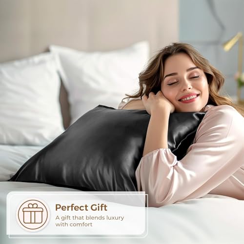 Image of Satin Pillow Covers Set of 2 with 3 Free Random Color Hair Scrunchies - Anti-Frizz, Skin-Friendly, Soft & Durable Pillowcase Set for All Hair Types (Black)