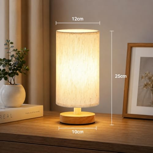 Image of XERGY USB Powered Wooden Base Table Lamp with Linen Fabric Shade | Modern Bedside Night Lamp | Warm White Soft Ambient Lighting | Compact Light for Bedroom, Living Room, Home Decor & Gifting