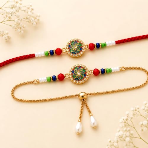Image of DeoDap Chocolate with Rakhi Set for Bhai and Bhabhi - Shiv-Parvati Design Rakhi for Bhai 1 Pc & Lumba and for Bhabhi 1 Pc with Choco Coated Almonds (32 GM), Silver Colour Coin & Greeting Card Combo