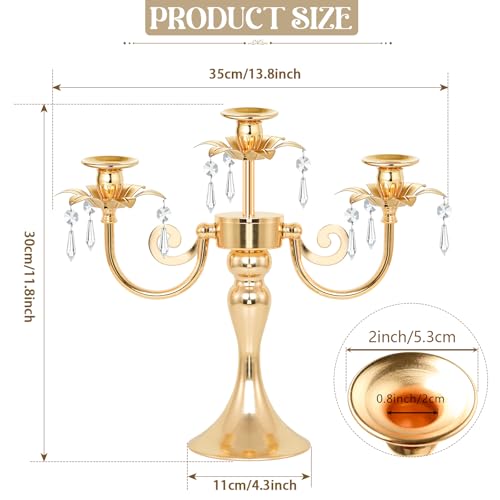 Image of Metal 3 Arm Candelabra with Crystal Pendants - 11.8 Inch Tall Candle Holders, Set of 2 - Elegant Taper Candlestick Stand for Wedding, Dining Table, Christmas Party Home Decoration (2, Gold)