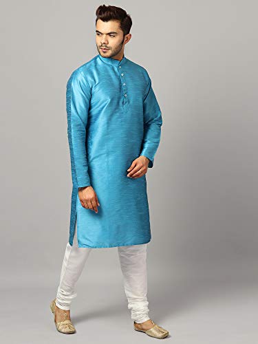 Image of Uri and MacKenzie Banarasi Dupion Silk Solid Kurta Churidar Pyjama Set for Men