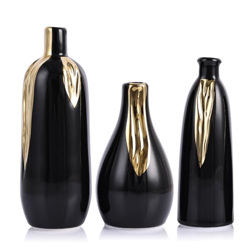 LCCCK Black and Gold Mini Ceramic Vase Set of 3, Small Ceramic Vase Set for Decorative, Bud Vases for Centerpieces Nightstand Kitchen, Boho Farmhouse Home Coffee Table Tray Decor