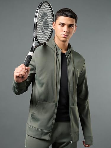 Image of TECHNOSPORT Mens Fleece Slim Fit Solid Regular Fit Hooded Jacket with Techno Warm+, Fast Dry for Winter Use