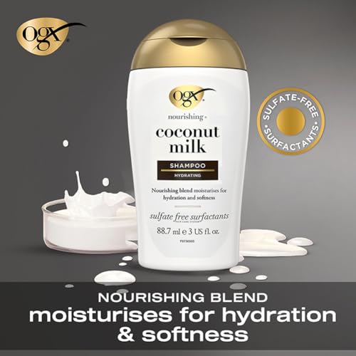 Image of OGX Nourishing + Coconut Milk Moisturizing Shampoo | Strong & Healthy Hair Growth | Coconut Milk, Whipped egg proteins & Coconut Oil | Sulphate-Free Surfactants | Paraben-Free | 88.7ml
