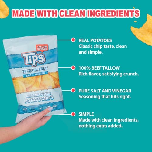 Image of TIPS Potato Chips - Snack Pack - Tallow Cooked - Seed Oil Free & Gluten Free - Kettle Style Potato Chips Made with Potatoes, Beef Tallow, and Sea Salt (5oz 4 Pack, Salt & Vinegar)